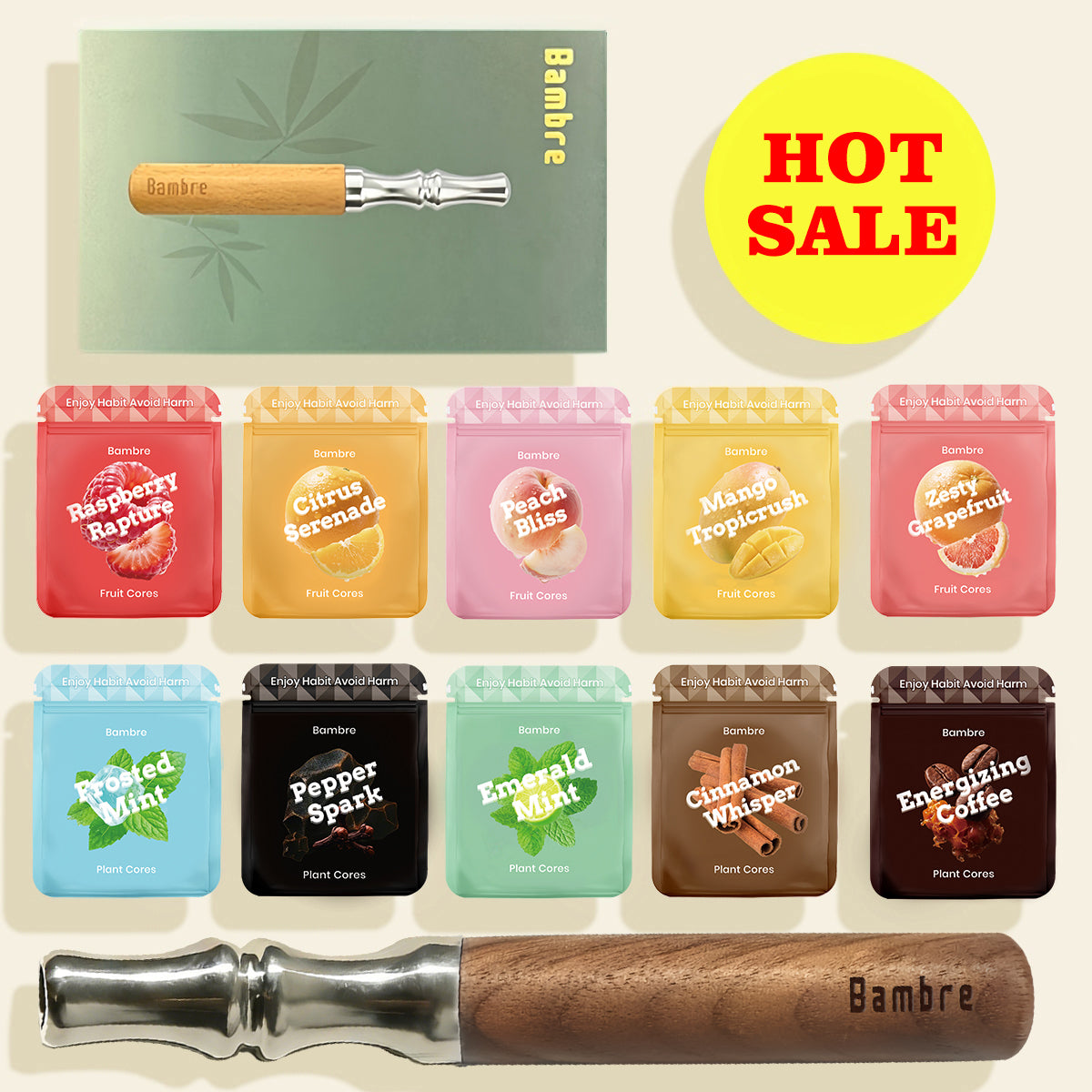 Bambre Walnut Device Pack with 10 Flavor Cores Packs Bundle